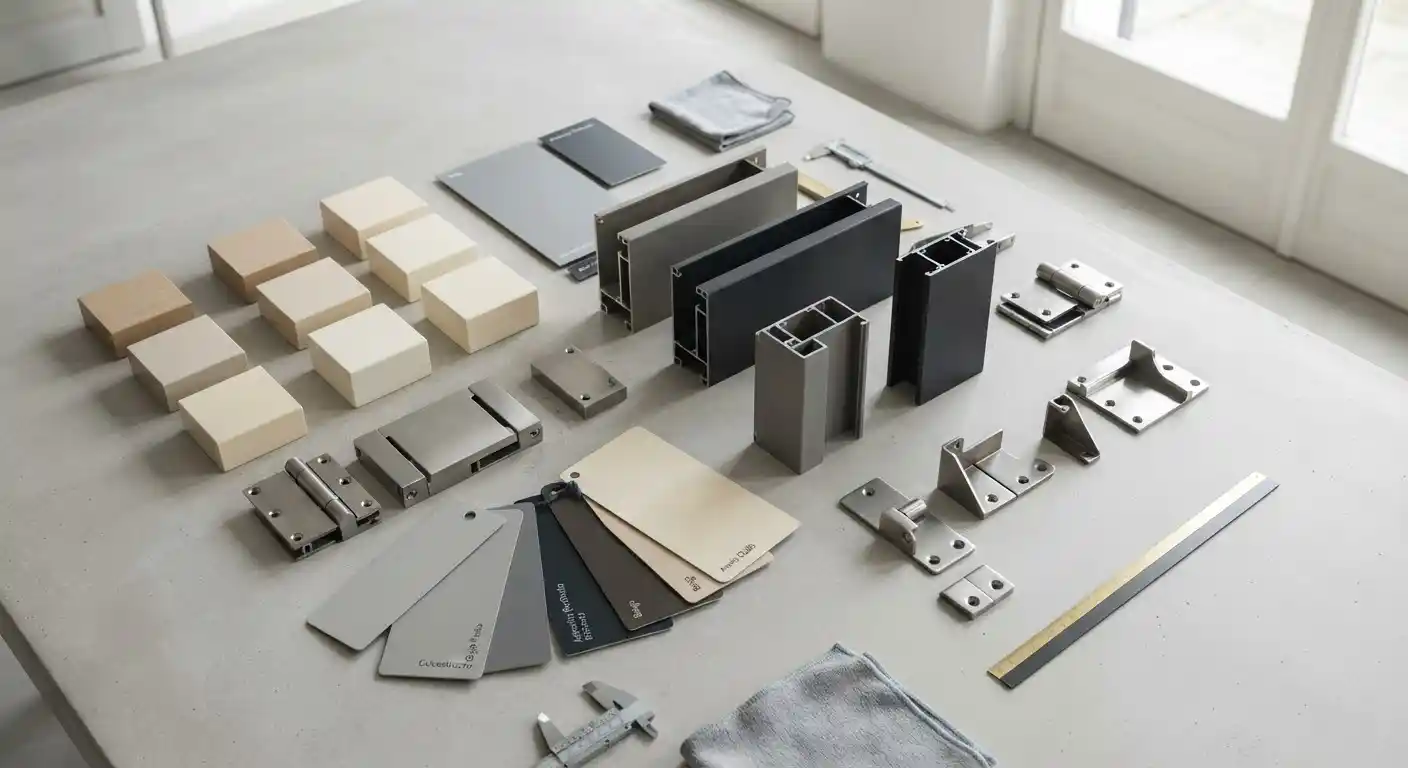 Campioni di materiali per persiane: legno, alluminio e ferramenta